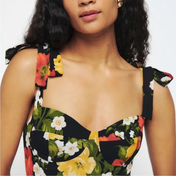 Reformation Nadira Floral Georgette Midi Dress Luisa Black Yellow Tie Straps, 4 - Picture 2 of 16